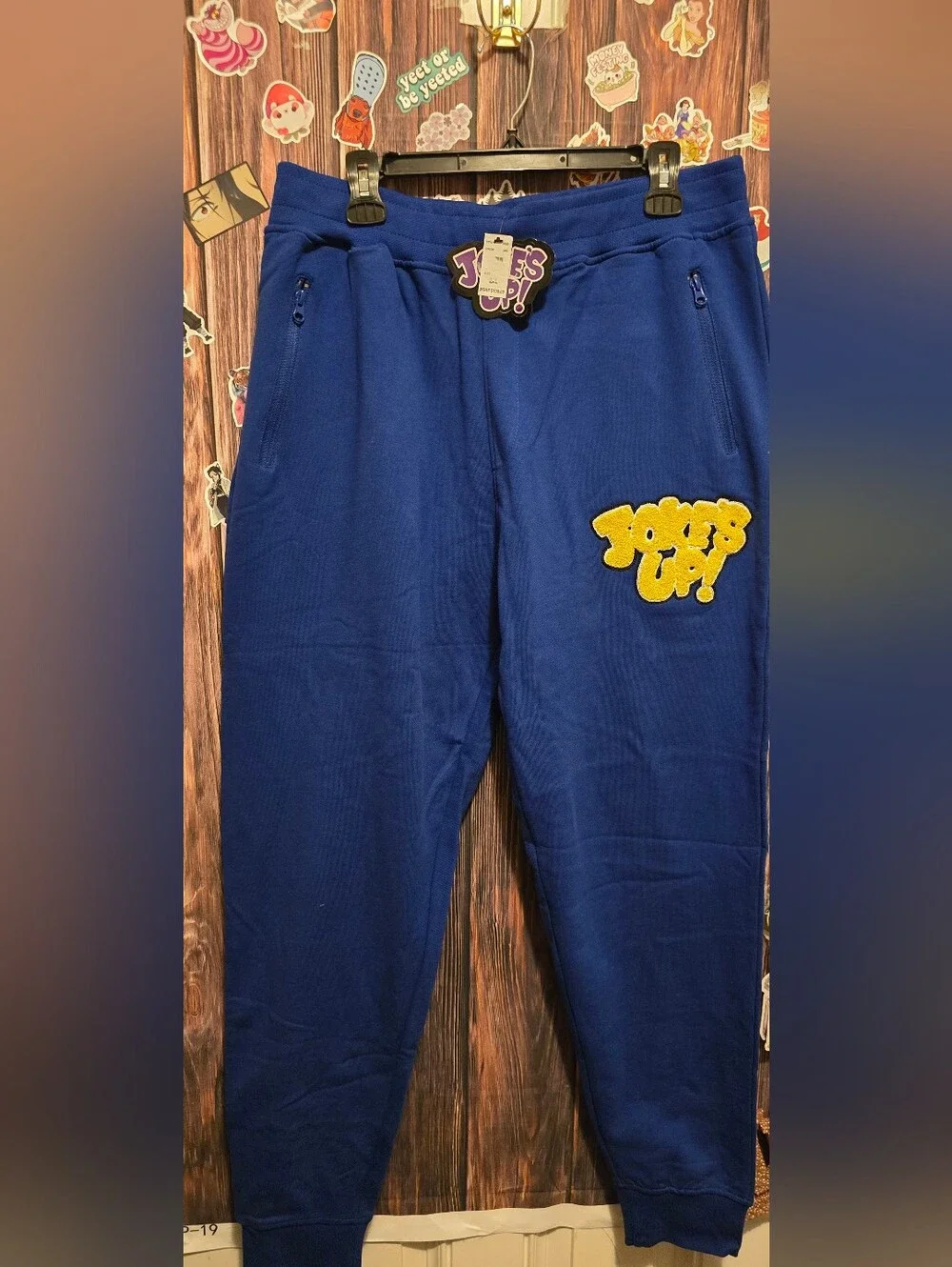 Jokes up Mens Blue Jogger Bottoms with Yellow Patch